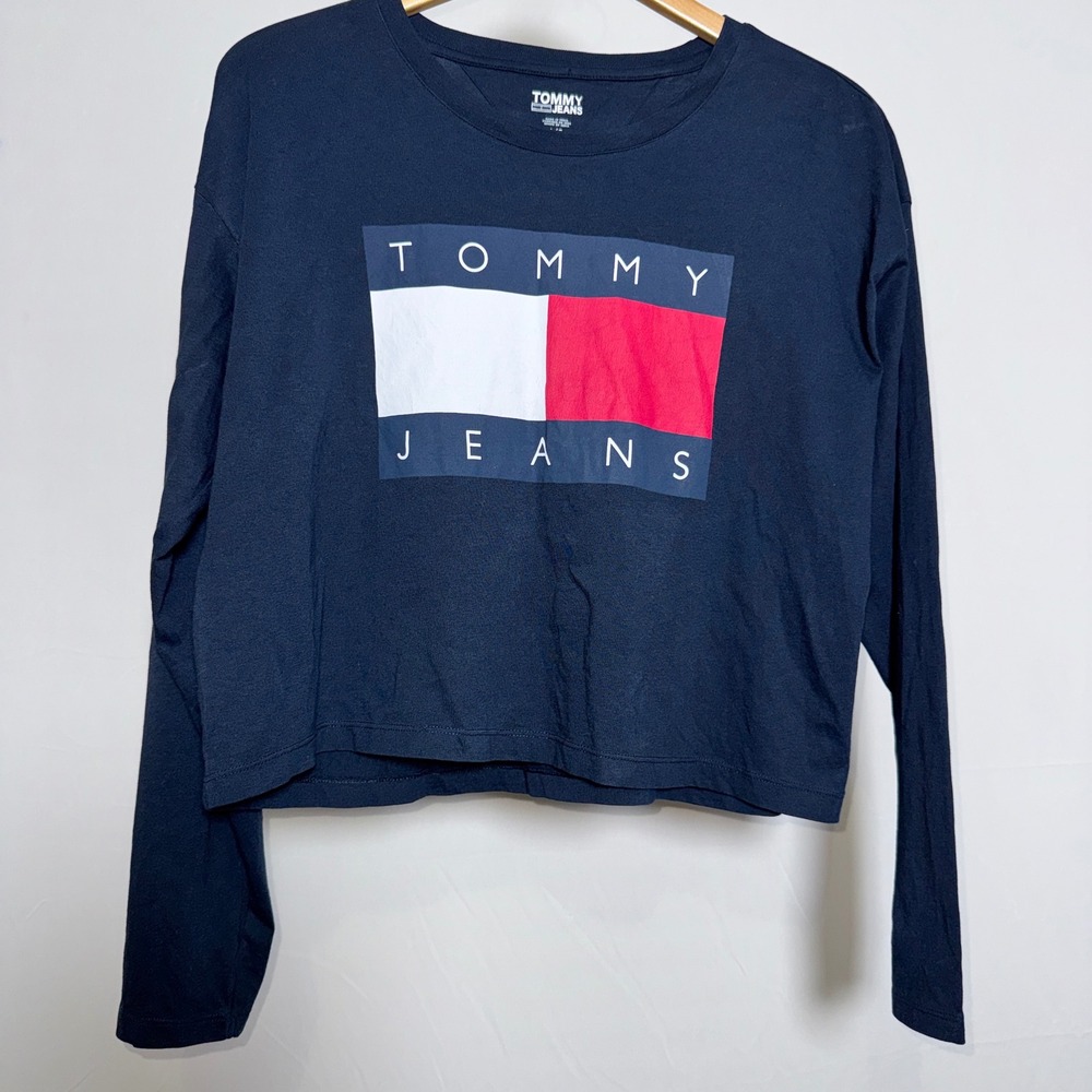 Tommy Jeans Womens Navy Blue Long Sleeve Logo Crop Top Tee Shirt Large Y2K